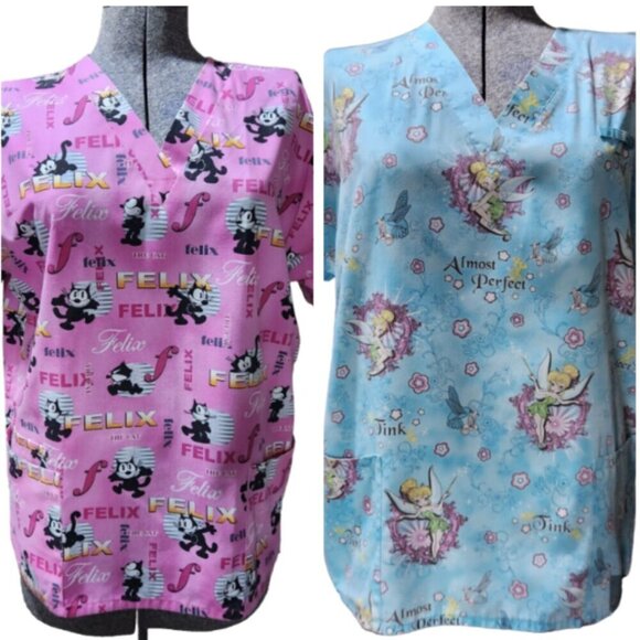 Scrub Nursing Top Lot of 2 Womens Med. Tinkerbell & Felix the Cat V Neck - Picture 1 of 12